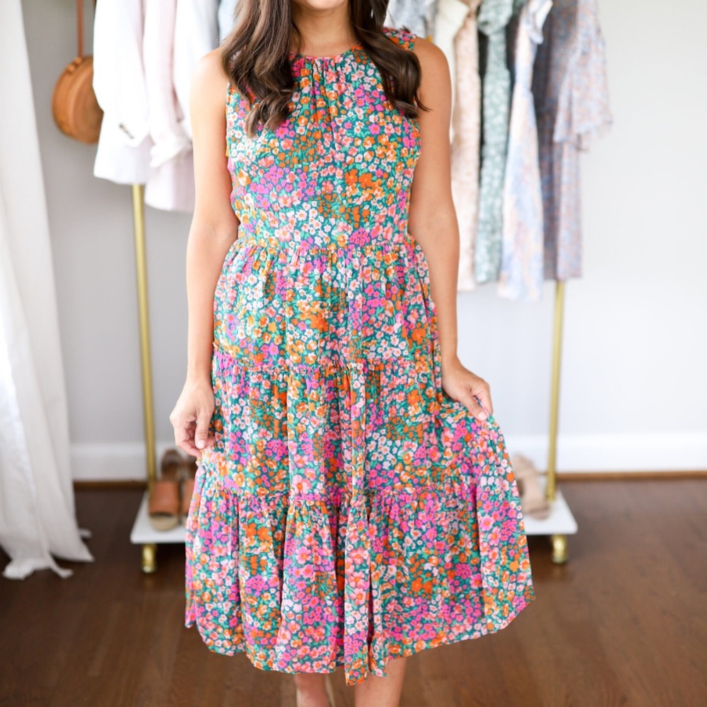 J. Crew Colorful Tiered Sleeveless Floral Midi Dress XXS NWT